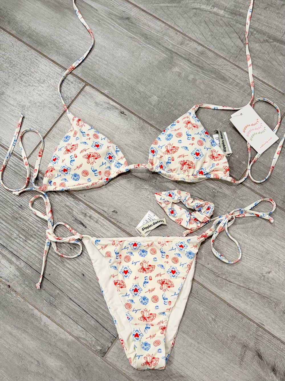 Dippin' Daisy's Cream Bikini Set with Red & Blue Bonjour Print - NWT - Large